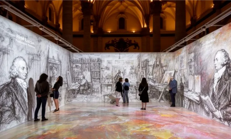 Immersive Gallery Installation with Large Black and white Sketches of Artists Along Curved Walls As Visitors View the Wall Drawings on a Colorful Floor La Lonja Prepara Una Exposición Inmersiva De Goya En 2028 Zaragozala Qué Hacer En Zaragoza