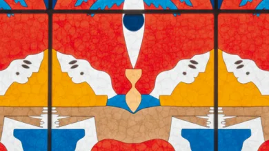 Colorful Geometric Mosaic Panel Featuring Mirrored Red Blue and Yellow Shapes Forming Abstract Faces on a Tile Wall Festival Camino De Santiago 2026 Programa Y Entradas Zaragozala   Qué Hacer En Zaragoza