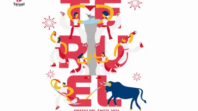 Poster for Fiestas Del Ángel 2026 in Teruel with Stylized Red Letters Celebrating People Around a Gray Altar and a Blue Bull Dates July 313 Programa Fiestas Teruel 2026 Y La Vaquilla Zaragozala   Qué Hacer En Zaragoza