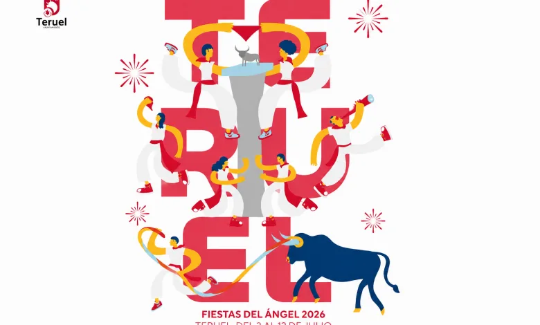 Poster for Fiestas Del Ángel 2026 in Teruel with Stylized Red Letters Celebrating People Around a Gray Altar and a Blue Bull Dates July 313 Fiestas De Teruel 2026 Con Niños Actividades Y Planes Zaragozala   Qué Hacer En Zaragoza