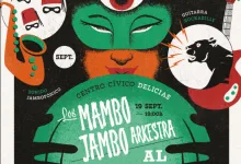 Poster Advertising a Jukebox Festival with an Orange jukebox Header a Green Masked Figure and a Teal Circular Band Lineup Featuring Los Mambo Jambo Orkesta and Others on a Black Background Rotonda Jukebox Zaragoza Conciertos Y Baile En Delicias Zaragozala   Qué Hacer En Zaragoza