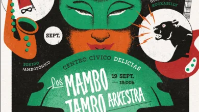 Poster Advertising a Jukebox Festival with an Orange jukebox Header a Green Masked Figure and a Teal Circular Band Lineup Featuring Los Mambo Jambo Orkesta and Others on a Black Background Zaragozala | Agenda Cultural Ocio Y Planes En Zaragoza Zaragozala   Qué Hacer En Zaragoza