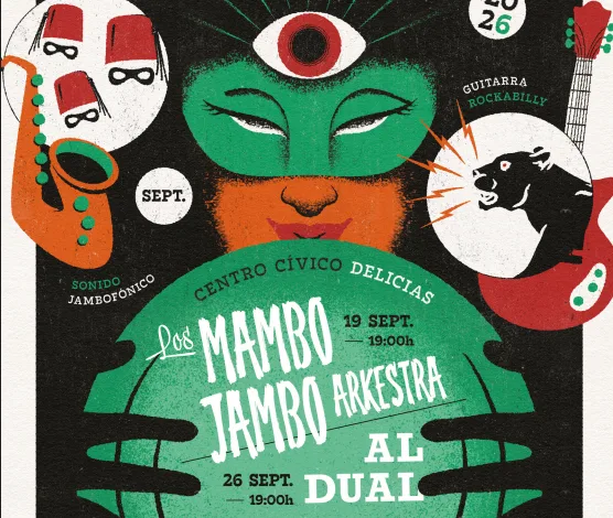 Poster Advertising a Jukebox Festival with an Orange jukebox Header a Green Masked Figure and a Teal Circular Band Lineup Featuring Los Mambo Jambo Orkesta and Others on a Black Background Rotonda Jukebox Zaragoza Conciertos Y Baile En Delicias Zaragozala Qué Hacer En Zaragoza