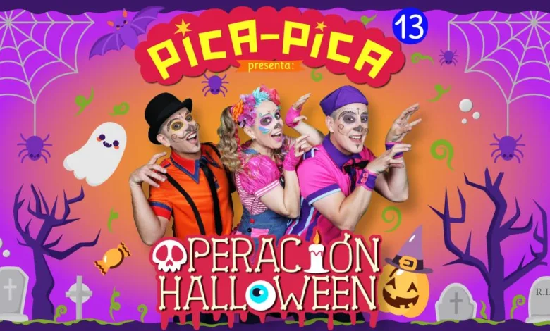 Colorful Halloween show poster for PicA-Pica: three performers in festive makeup posing together, with 'OPERACIÓN HALLOWEEN' beneath and a spooky purple/orange background.