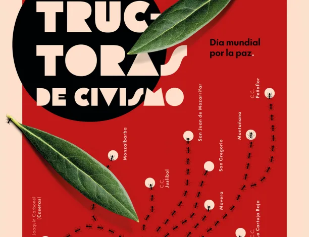 Promotional Poster for Augustoctober 2026 with Bold Typography World Peace Message Map like Dotted Routes and Green Leaves Logos for Zaragoza Ayuntamiento 18 Actividades Gratis En Los Barrios Rurales De Zaragoza Zaragozala Qué Hacer En Zaragoza
