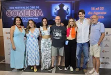 Group of Seven People Posing in Front of a Blue Festival Banner Reading xxiii Festival De Cine De Comedia and Event Dates Zaragozala | Agenda Cultural Ocio Y Planes En Zaragoza Zaragozala Qué Hacer En Zaragoza