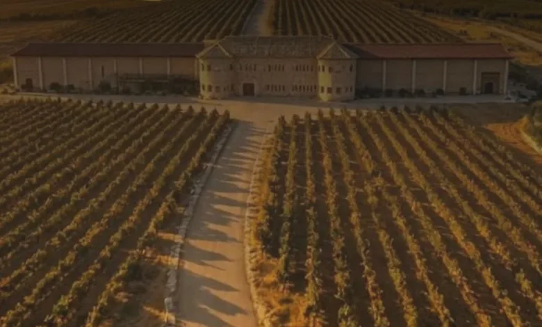 Aerial View of a Golden Vineyard with Parallel Rows Leading to a Central Winery Building Are Vinos De Aragón Logo Overlaying the Scene Eclipse Solar Total En Cariñena Desde Viñedos Zaragozala Qué Hacer En Zaragoza