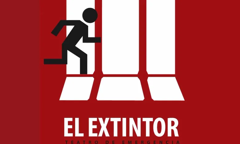 Logo for El Extintor Teatro De Emergencia a Black Running Figure in Front of Tall White Pillars on a Red Background Zaragozala | Agenda Cultural Ocio Y Planes En Zaragoza Zaragozala Qué Hacer En Zaragoza