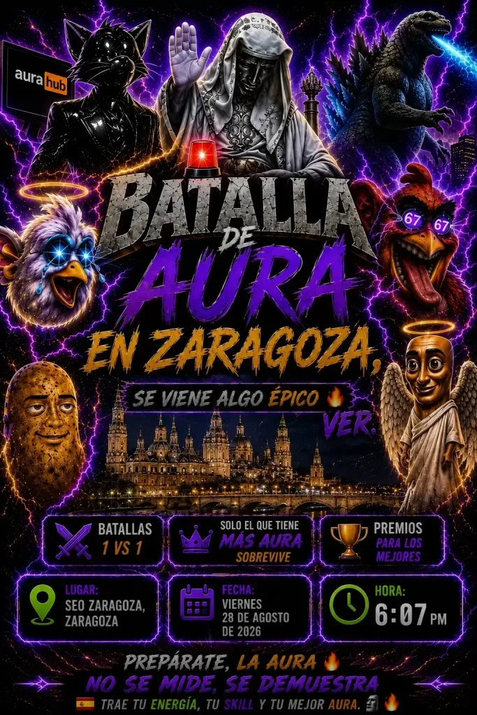 Promotional Poster for Batalla De Aura En Zaragoza Featuring Fantasy Creatures Neon Purple Lightning and the Zaragoza City Skyline with Event Details Batalla De Aura En Zaragoza Fecha Hora Y Lugar Zaragozala   Qué Hacer En Zaragoza