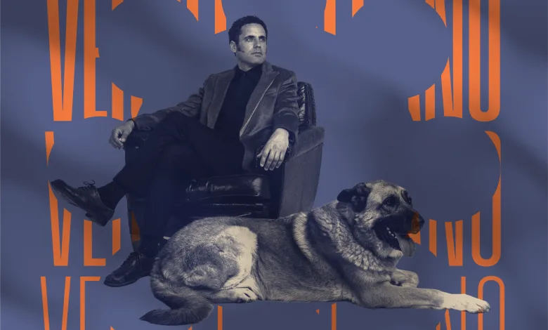 Promotional Concert Poster Showing a Man Seated on a Chair with Two Dogs Overlaid by Tall Orange Vertical Lettering on a Blue Background Date at Bottom 22 De Agosto Depedro En Veruela Concierto Con Entradas Agotadas Zaragozala Qué Hacer En Zaragoza