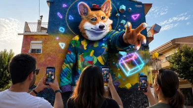 Colorful Mural of a Fox Wearing a Hat Extending a Paw Toward the Viewer Amid Neon Shapes Bystanders Photograph It with Their Phones Binéfar Estrena Una Ruta De Murales Con Realidad Aumentada Zaragozala Qué Hacer En Zaragoza