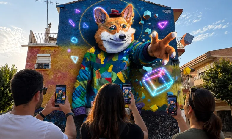 Colorful Mural of a Fox Wearing a Hat Extending a Paw Toward the Viewer Amid Neon Shapes Bystanders Photograph It with Their Phones Binéfar Estrena Una Ruta De Murales Con Realidad Aumentada Zaragozala Qué Hacer En Zaragoza