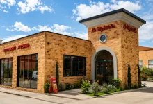 Exterior of La Tagliatella Italian Restaurant and Pizzeria Brick Façade with Large Windows and Arched Entrance Under a Blue Sky Sign Visible Above the Door