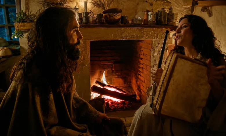 Bearded Man with Long Hair Sits Beside a Warm Fireplace While a Woman Plays a Hammered Dulcimer Candle and Jars Decorate the Mantel La Actriz Zaragozana Laura Contreras Estrena Pastoris Zaragozala   Qué Hacer En Zaragoza