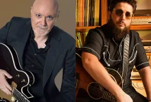 Two Men with Guitars Split by a Vertical Divider Left Bald Man in a Black Suit Right Bearded Man Wearing Sunglasses and a Black Shirt in a Home Studio Zaragozala | Agenda Cultural Ocio Y Planes En Zaragoza Zaragozala Qué Hacer En Zaragoza