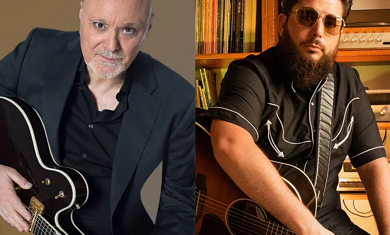 Two Men with Guitars Split by a Vertical Divider Left Bald Man in a Black Suit Right Bearded Man Wearing Sunglasses and a Black Shirt in a Home Studio Gabriel Sopeña Y Jj Fuentes Estrenan ay Girasol Zaragozala Qué Hacer En Zaragoza