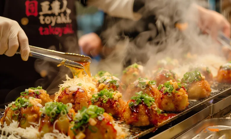 Chef in Gloves Plates Takoyaki on a Hot Griddle Sauce and Toppings Steaming Up the Scene Street Food En Zaragoza Talleres De Cocina Del Mundo Zaragozala Qué Hacer En Zaragoza